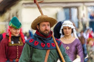 A group dedicated to an unusual sport—Sporting Knightly Combat. Oil painting presentation.