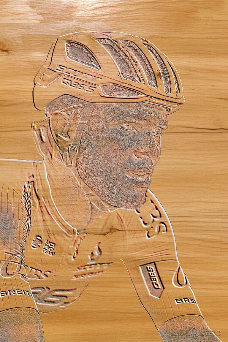 Negasi Haylu Abreha from the Q36.5 Pro Cycling Team carved in wood
