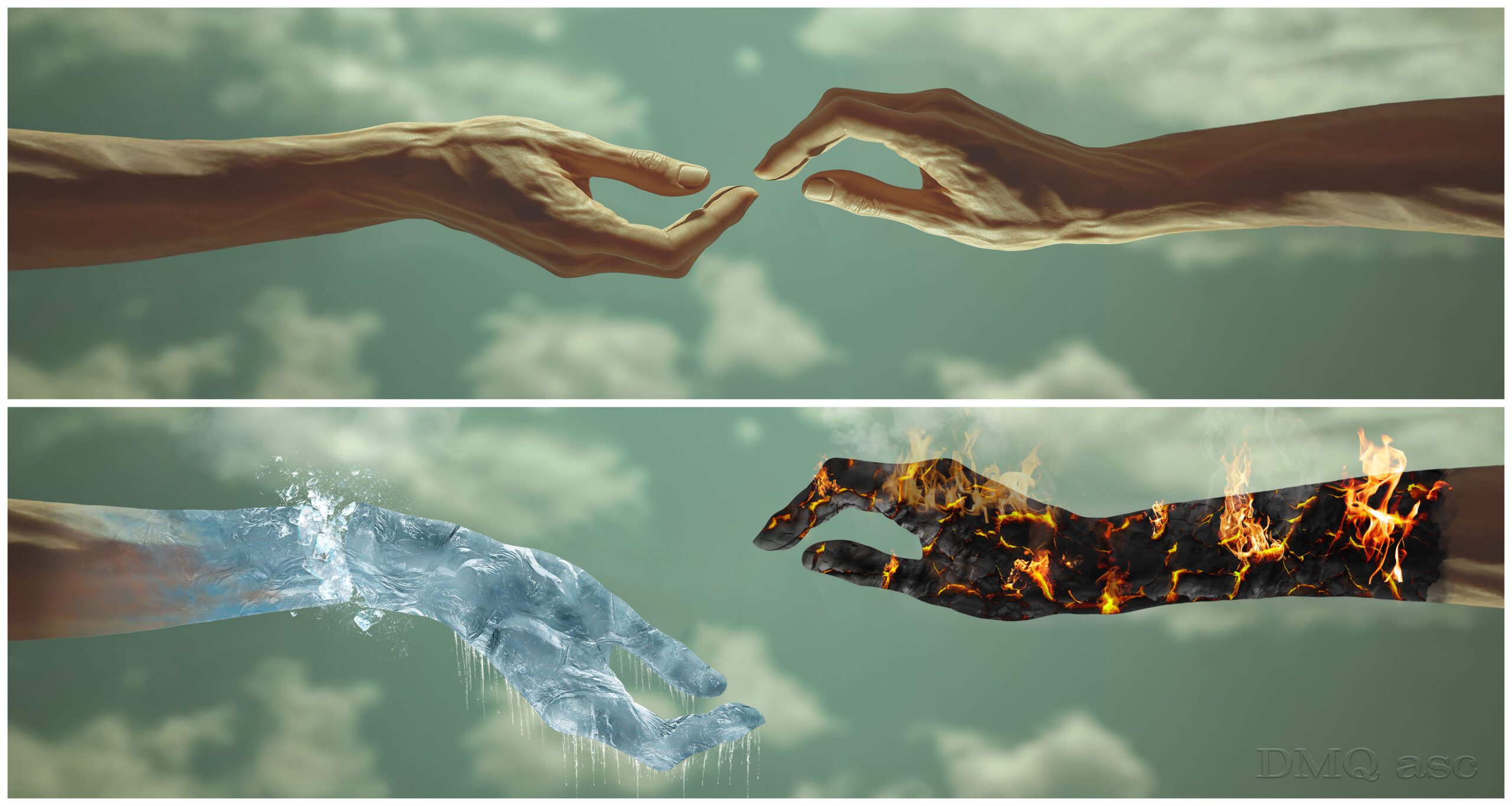 A graphic of two hands, one partially frozen and the other covered in flames with cracked skin.