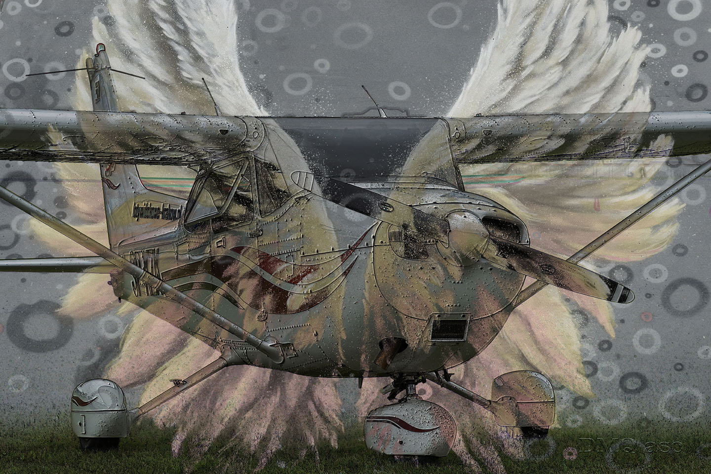 Picture of an airplane incorporated into wings painted on the wall