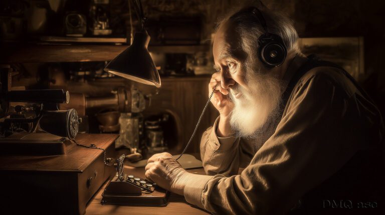 an elderly man sits at a desk and transmits in Morse code