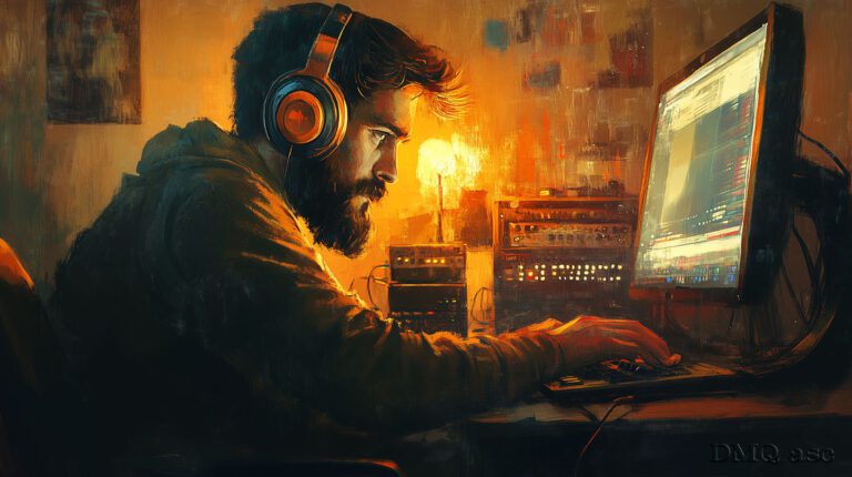A bearded man with headphones is sitting at the computer. In front of him, there's an electronic studio, and he's working on music, digital painting. The scene features warm colors, low light, and orange ambient lighting, in the style of Craig Mullins.