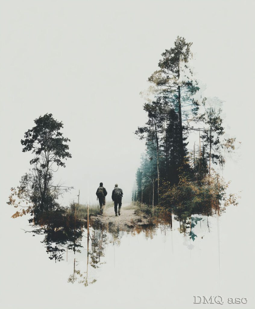 Double exposure. Forest path cut out from the whole.