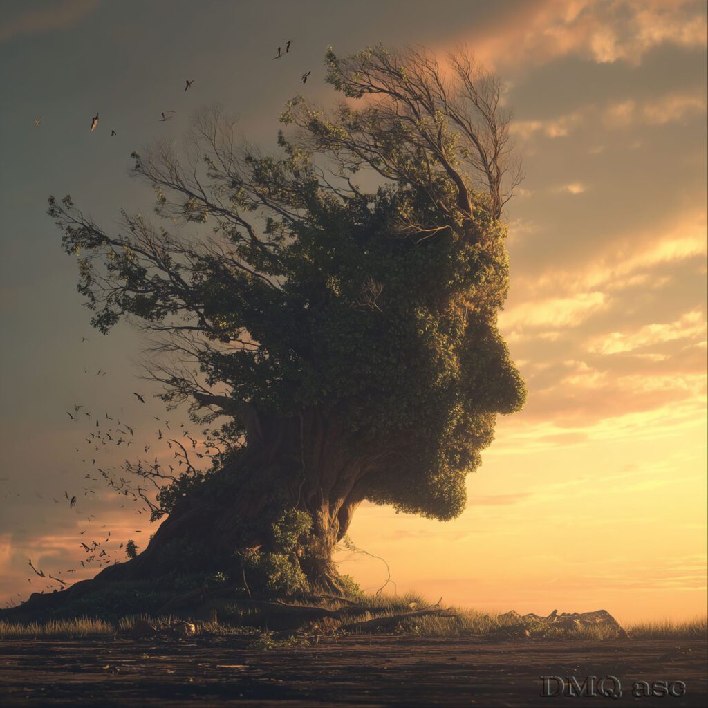 Double exposure. A tree mixed with a profile of a face against the backdrop of the setting sun.